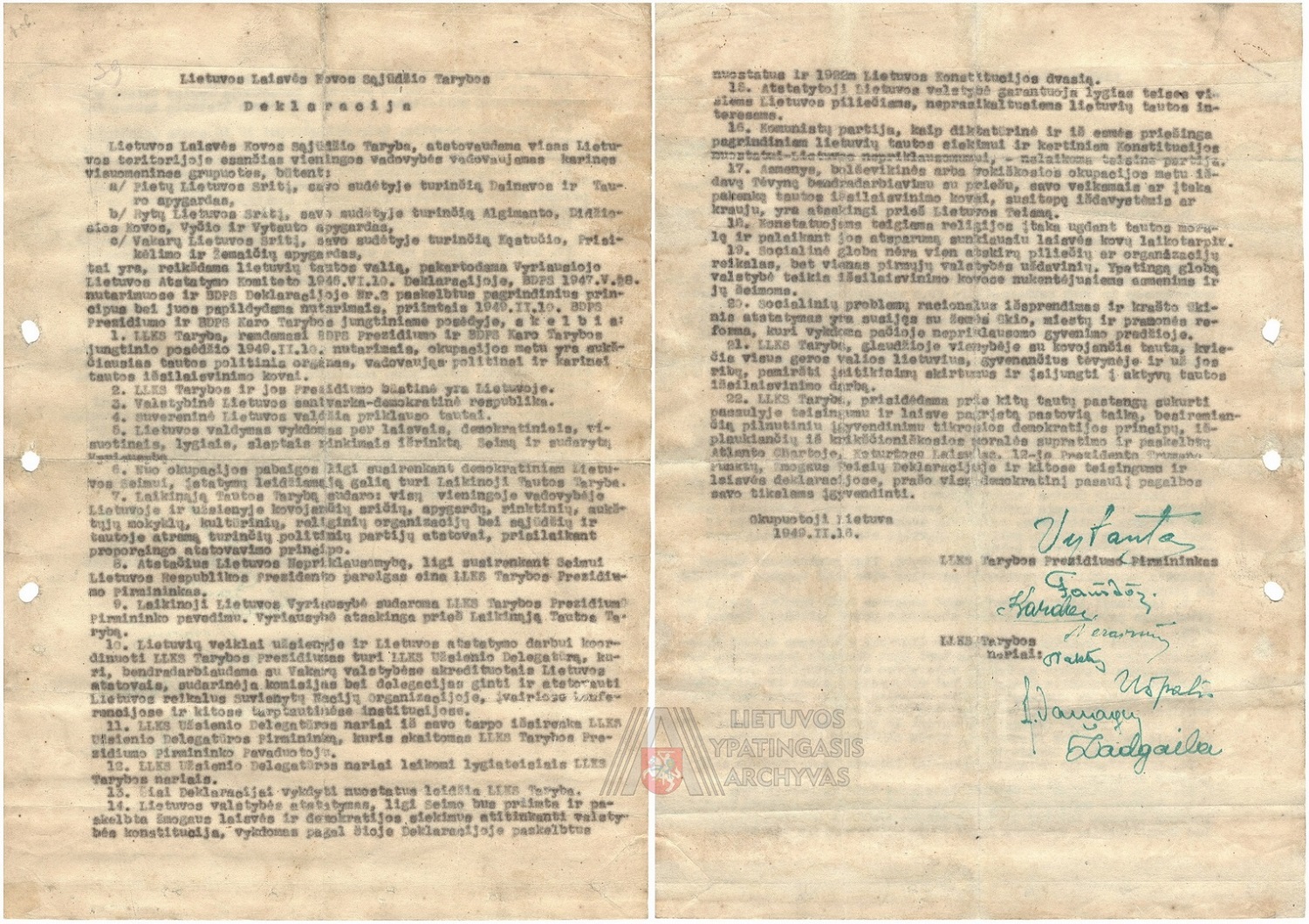 Rastas dar vienas originalus Lietuvos Laisvės Kovos Sąjūdžio Tarybos 1949 m. vasario 16 d. Deklaracijos egzempliorius